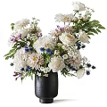 Stunning White Purple Blue Flowers Arrangement in Black Vase with Green Leaves