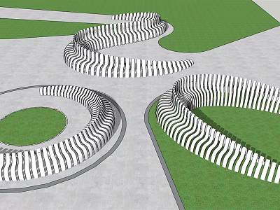 Modern Spiral Landscape Seats With Black And White Stripes On Green Lawns 3d model