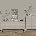 Modern White Console Cabinet And Side Cabinet With Floor Lamp Framed Artwork And Decorative Items