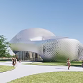 Modern Sales Office Building with Silver Curved Roof Perforated Exterior Lawn Trees and People Walking