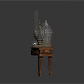 Vintage Equipment Display on Wooden Table With Birdcage Glass Dome Apparatus And Oil Lamp Items