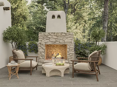 Outdoor Stone Fireplace With Burning Fire Rattan Chairs And Coffee Table In Garden 3d model