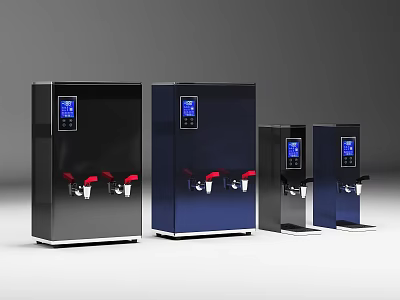 Modern Water Dispensers with Digital Display and Red Taps in Various Sizes for Daily Use 3d model