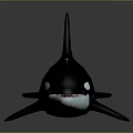 Black And White Orca Whale In Swimming Pose With Distinct Dorsal Fin Against Gray Background