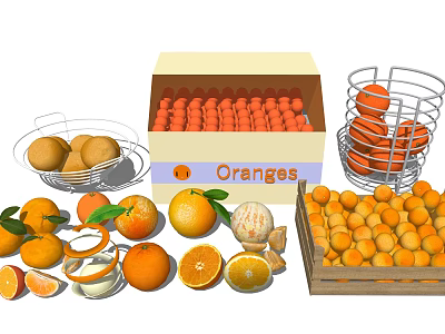 Fresh Oranges Displayed with Whole Sliced Segments in Box Basket and Plate 3d model