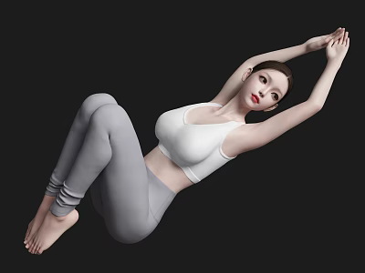 Woman Doing Stretching Exercise In White Sports Bra And Gray Leggings Against Black Background 3d model