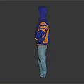 Blue Hooded Jacket with Orange Lining Yellow Stripes Front Logo and Light Blue Pants Sportswear