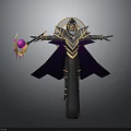 Woman In Mystical Outfit With Purple Cape Golden Accents And Magic Staff Holding Pink Orb