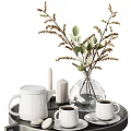 Coffee Cups And Teapot On Tray With Vase Branches And Candles Setup