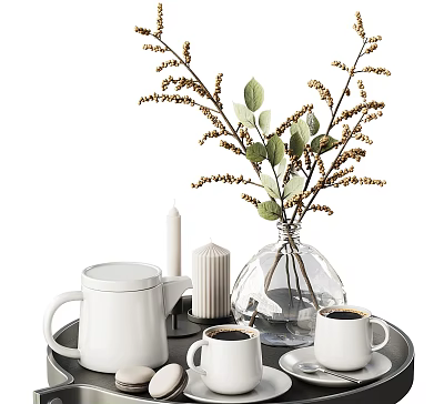 Coffee Cups And Teapot On Tray With Vase Branches And Candles Setup 3d model
