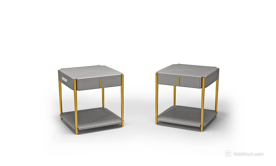 Modern Luxury Gray Upholstered Bedside Tables With Golden Metal Legs And Drawer 3d model 