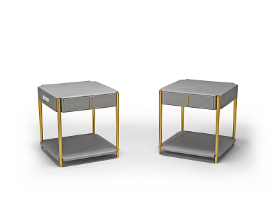 Modern Luxury Gray Upholstered Bedside Tables With Golden Metal Legs And Drawer 3d model