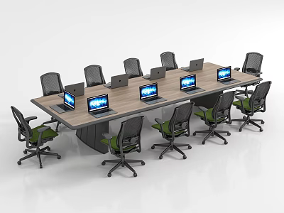 Modern Conference Table with Ergonomic Chairs and Open Laptops on Wooden Top 3d model