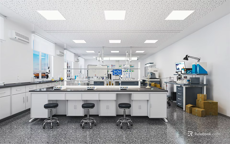Modern Laboratory Interior Design With Lab Benches Stools Lighting And Scientific Equipment 3d model 