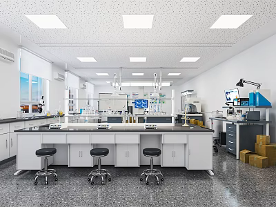 Modern Laboratory Interior Design With Lab Benches Stools Lighting And Scientific Equipment 3d model