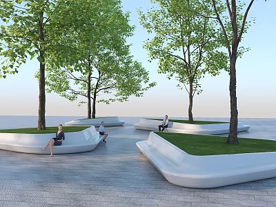 Outdoor Modern Tree Pit Design With Benches Grass Lawn And People Resting 3d model