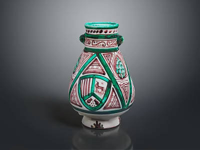 Hand Carved Ceramic Vase With Green Red Decorations Geometric Patterns Grape Motifs And Two Handles 3d model