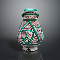 Hand Carved Ceramic Vase With Green Red Decorations Geometric Patterns Grape Motifs And Two Handles