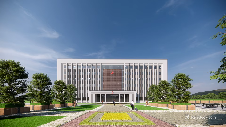 Modern White Office Building With Vertical Windows Lawn Trees And Blue Sky 3d model 