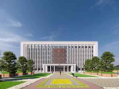 Modern White Office Building With Vertical Windows Lawn Trees And Blue Sky 3d model