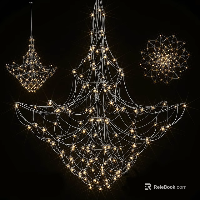 Wire Frame Chandeliers With Small Lights And Openwork Floral Design Against Black Background 3d model 