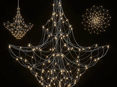 Wire Frame Chandeliers With Small Lights And Openwork Floral Design Against Black Background 3d model