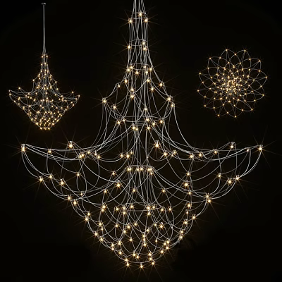 Wire Frame Chandeliers With Small Lights And Openwork Floral Design Against Black Background 3d model