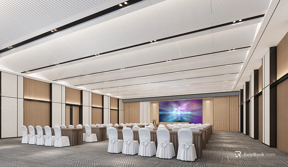 Modern Conference Room With Arranged Tables White Chair Covers Large Screen Wooden Backdrop Ceiling Design 3d model 