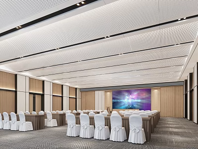 Modern Conference Room With Arranged Tables White Chair Covers Large Screen Wooden Backdrop Ceiling Design 3d model