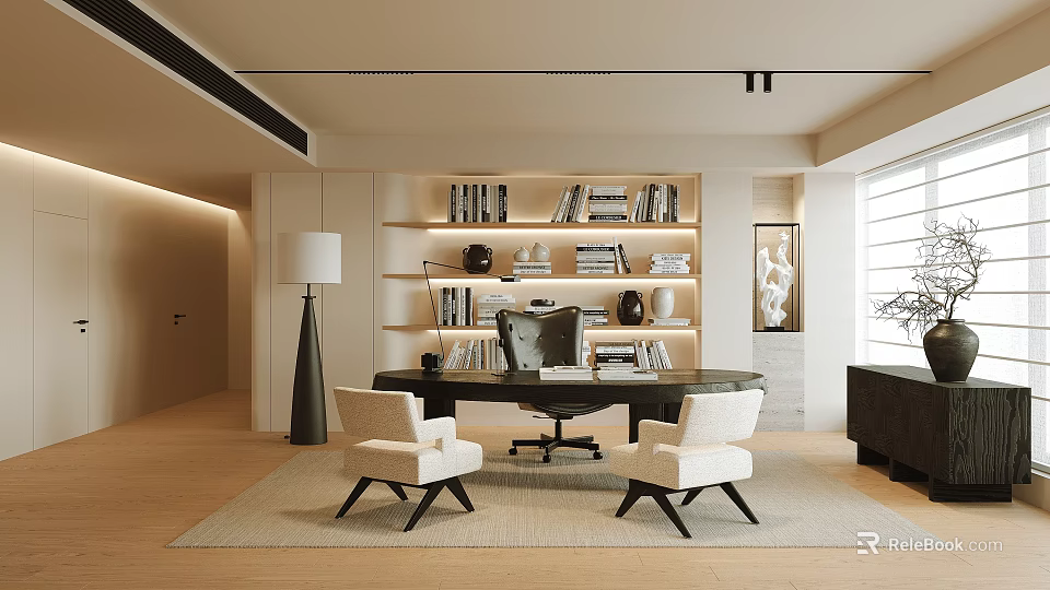 Spacious Modern Study Room Interior With Bookshelves Desk And Chairs 3d model 