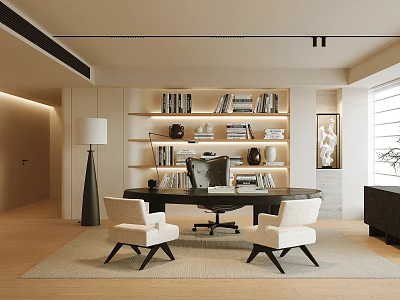 Spacious Modern Study Room Interior With Bookshelves Desk And Chairs 3d model
