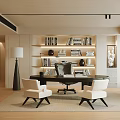 Spacious Modern Study Room Interior With Bookshelves Desk And Chairs 3d model