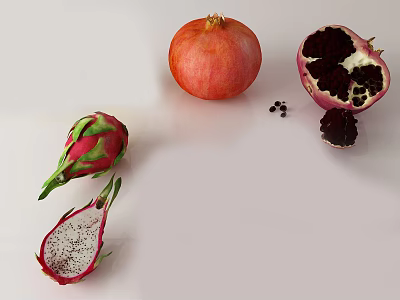 Whole and Cut Open Pomegranate with Black Seeds and Dragon Fruit Slices on White Background 3d model