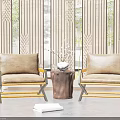 Casual Sofa Set Featuring Two Brown Lounge Chairs Wooden Table Woven Screen And Green Plant