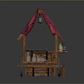 Traditional Wooden Street Cart Featuring Red Canopy And Assorted Bottles Baskets