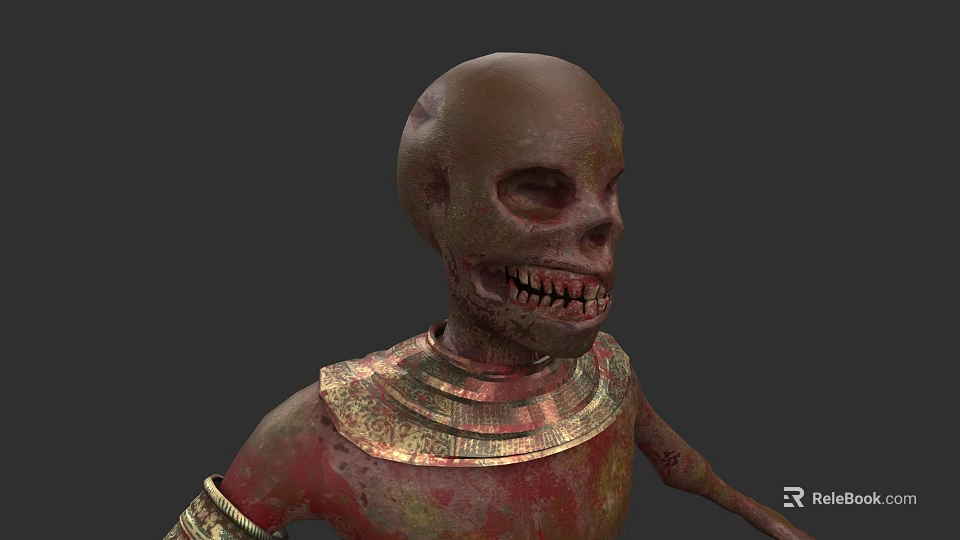 Ancient Egyptian Undead Skeleton Character With Golden Collar Bracelets And Red Gold Paint 3d model 