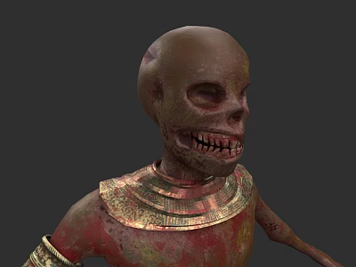 Ancient Egyptian Undead Skeleton Character With Golden Collar Bracelets And Red Gold Paint 3d model