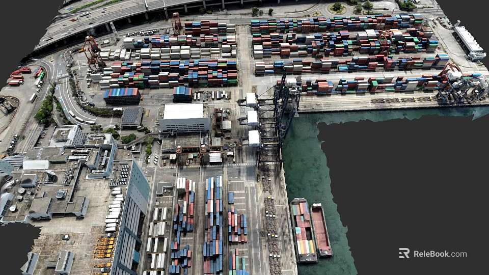 Large Container Ship Moored at Commercial Port With Cranes and Stacked Cargo Containers 3d model 