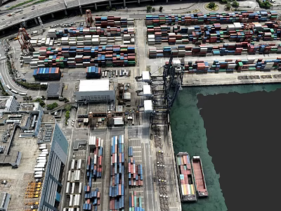 Large Container Ship Moored at Commercial Port With Cranes and Stacked Cargo Containers 3d model
