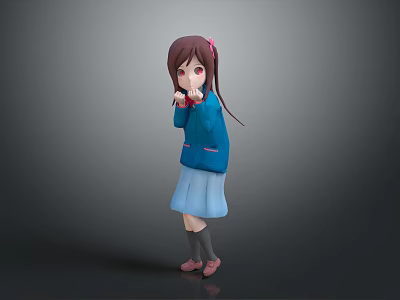 Animated Cartoon Girl With Brown Hair Playing With Little White Rabbit Pet 3d model