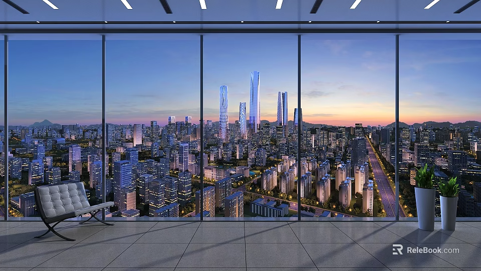 Stunning City Night View Through Floor to Ceiling Windows With Skyscrapers and Street Lights 3d model 