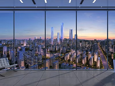 Stunning City Night View Through Floor to Ceiling Windows With Skyscrapers and Street Lights 3d model