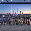 Stunning City Night View Through Floor to Ceiling Windows With Skyscrapers and Street Lights