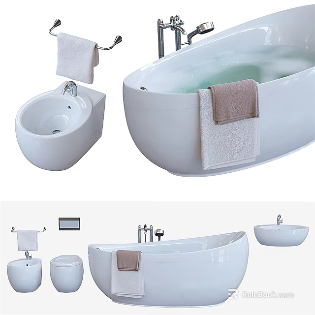White Bathtub With Towel Faucet And Wash Basin In Modern Bathroom 3d model 