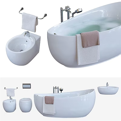 White Bathtub With Towel Faucet And Wash Basin In Modern Bathroom 3d model