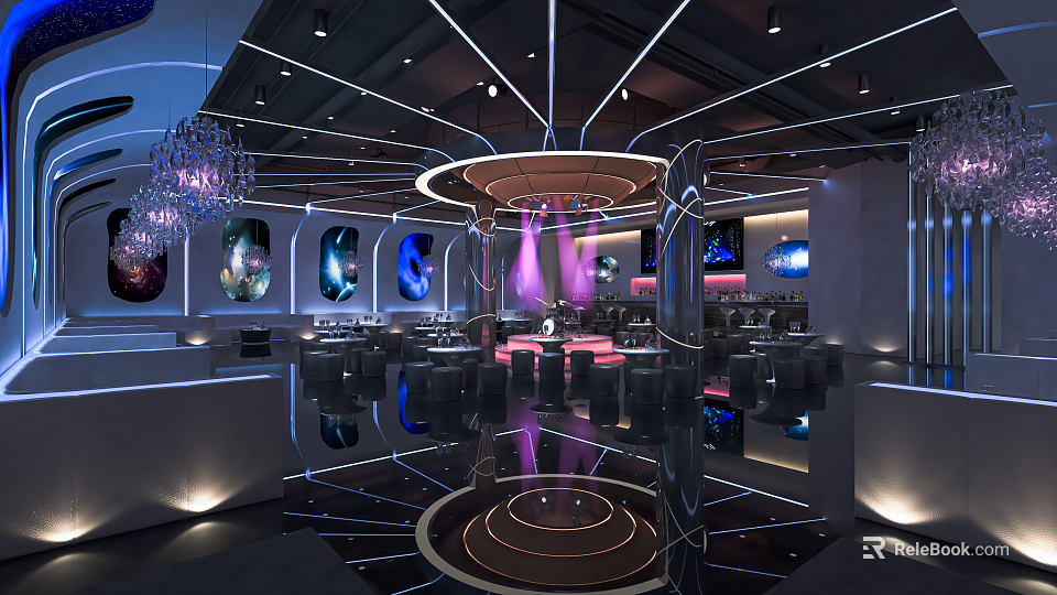 Modern Bar Interior With Round Chandelier Mirrored Floors And Seating Area 3d model 