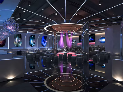 Modern Bar Interior With Round Chandelier Mirrored Floors And Seating Area 3d model