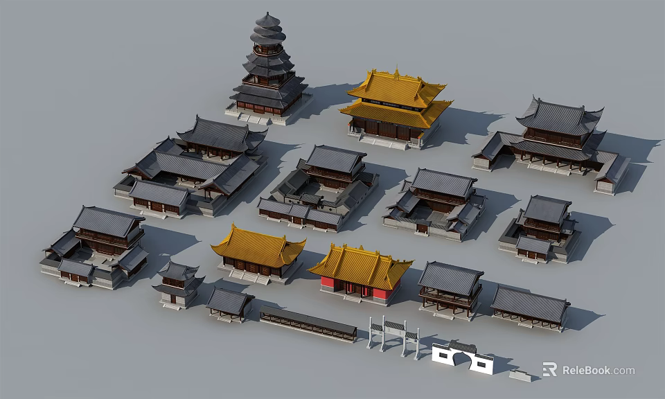 Ancient Architecture Models with Yellow Black Roofs Pagoda and Courtyard in Classic Chinese Style 3d model 