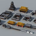 Ancient Architecture Models with Yellow Black Roofs Pagoda and Courtyard in Classic Chinese Style