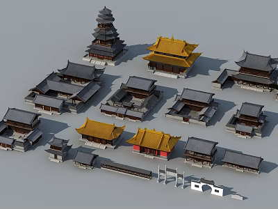Ancient Architecture Models with Yellow Black Roofs Pagoda and Courtyard in Classic Chinese Style 3d model